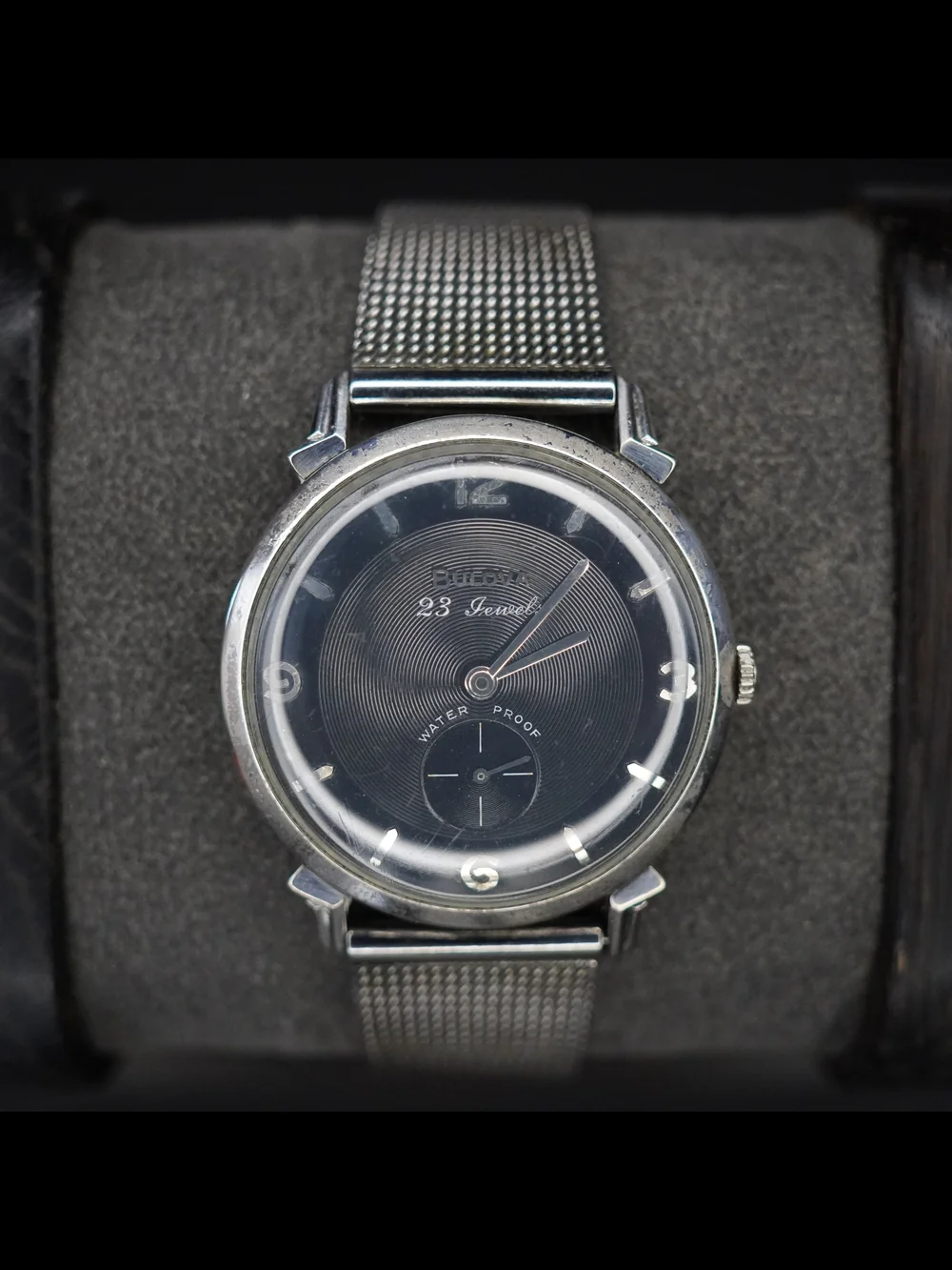 Vintage 1959 Bulova 23 Jewels Manual Wind Black Dial 10KT RGP Waterproof Watch